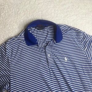 Vintage Polo Ralph Lauren men blue white stripe golf performance short sleeve L